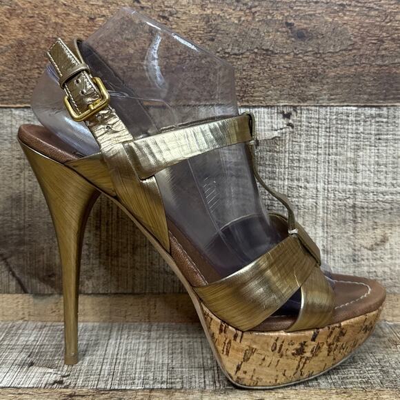 Miu Miu Gold Strappy Stiletto Open Toe Heels Cork Sole Size 39.5 9.5 - Picture 7 of 14